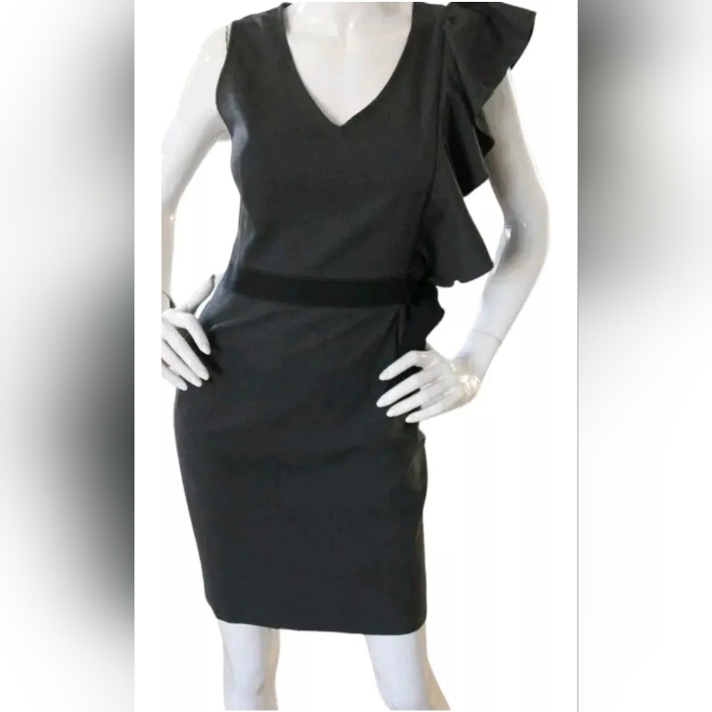 Sandro Paris Dress Gray Ruffle Trim Ribbon Belted Sheath Stretch Size Small New